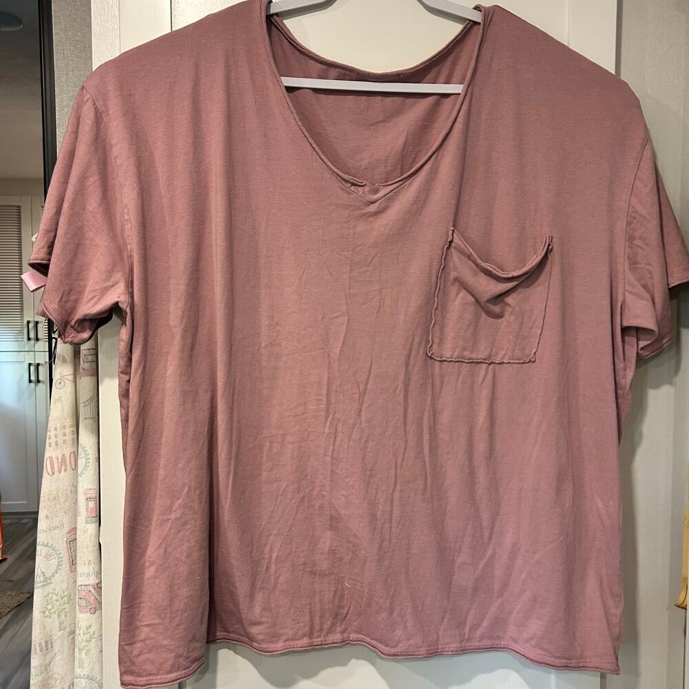 T-Shirt Pink Cotton Casual Lagenlook Grunge Boho Pocket Curled Seams Relaxed Fit